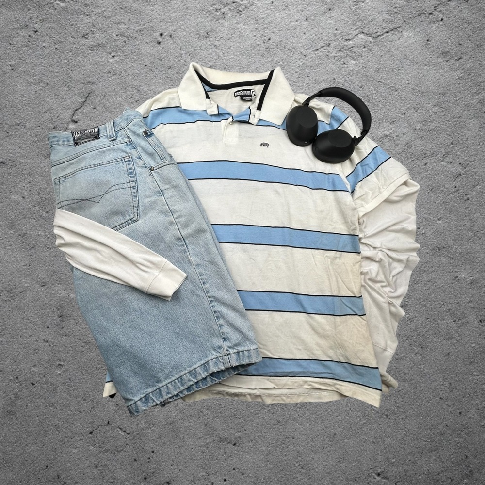 Vintage Ecko Unltd Striped Polo Shirt 2XL White Blue Y2K Skater Streetwear